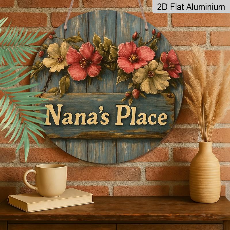2D Flach, 1 Stück Runde Aluminium "Omas Platz" Oma-Tag Dekoration, Vintage Floral Blau Holz Design, Wasserdicht & Langlebig, Perfekt für Oma Geschenk