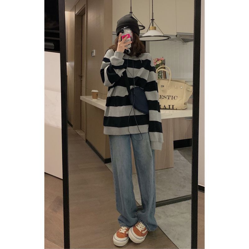 Women's Crew Neck Long Sleeve Sweatshirt Oversized Vintage Striped Color Block Polyester Loose Fit Casual Pullover Top
