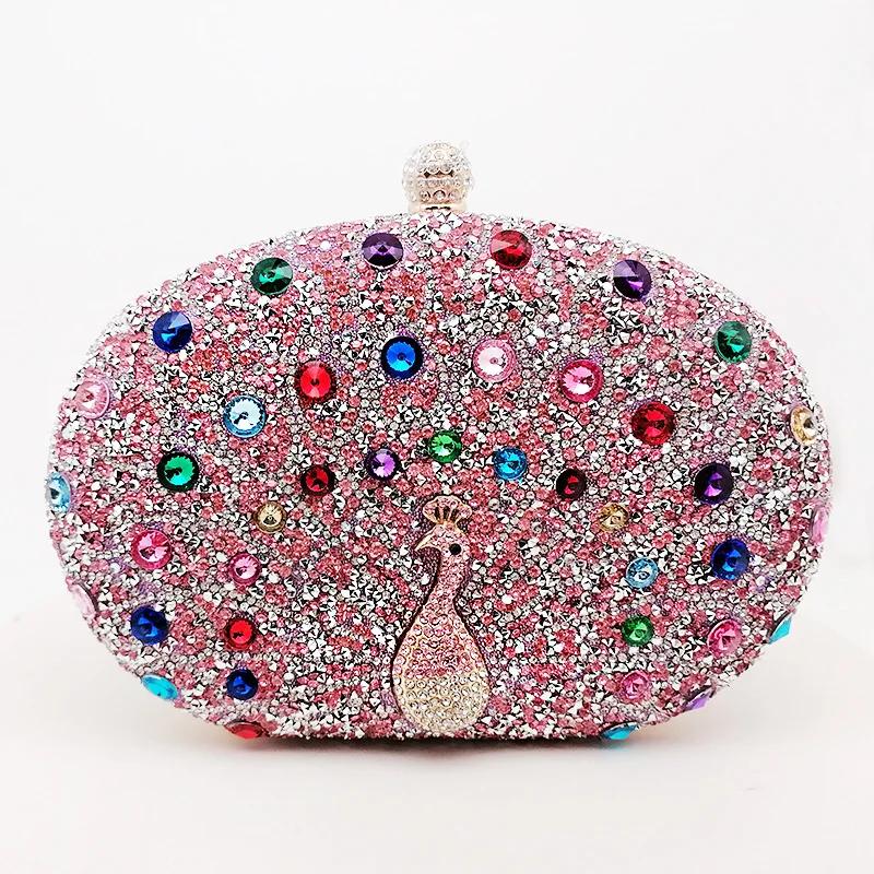 

Circular Design Women Evening Bags Rhinestones Party Wedding Bridal Clutch Bag Diamonds Metal Peacock Animal Small Handbags