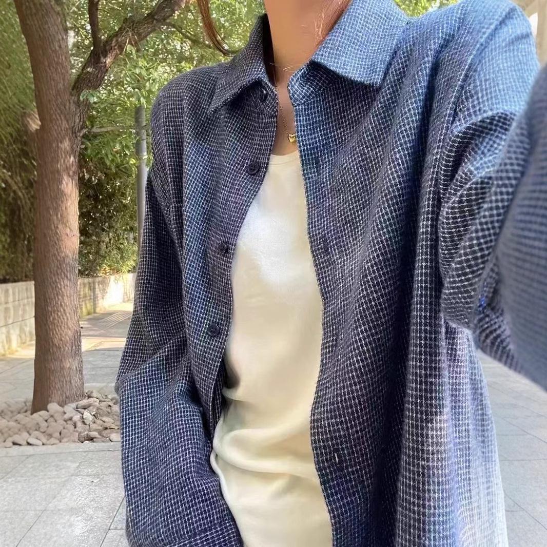 

Women s Blue Plaid Brushed Shirt Jacket - Korean Style, Loose Fit, For Spring & Autumn 2XL синій