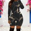 Women Plus Size Round Neck Long Sleeve Black Printed Bodycon Mini Dress