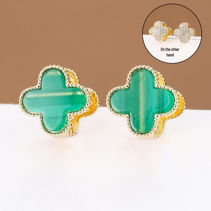 

Серьги-каффы Четырехлистный клевер с циркониевой микропаве зелёный/золотой