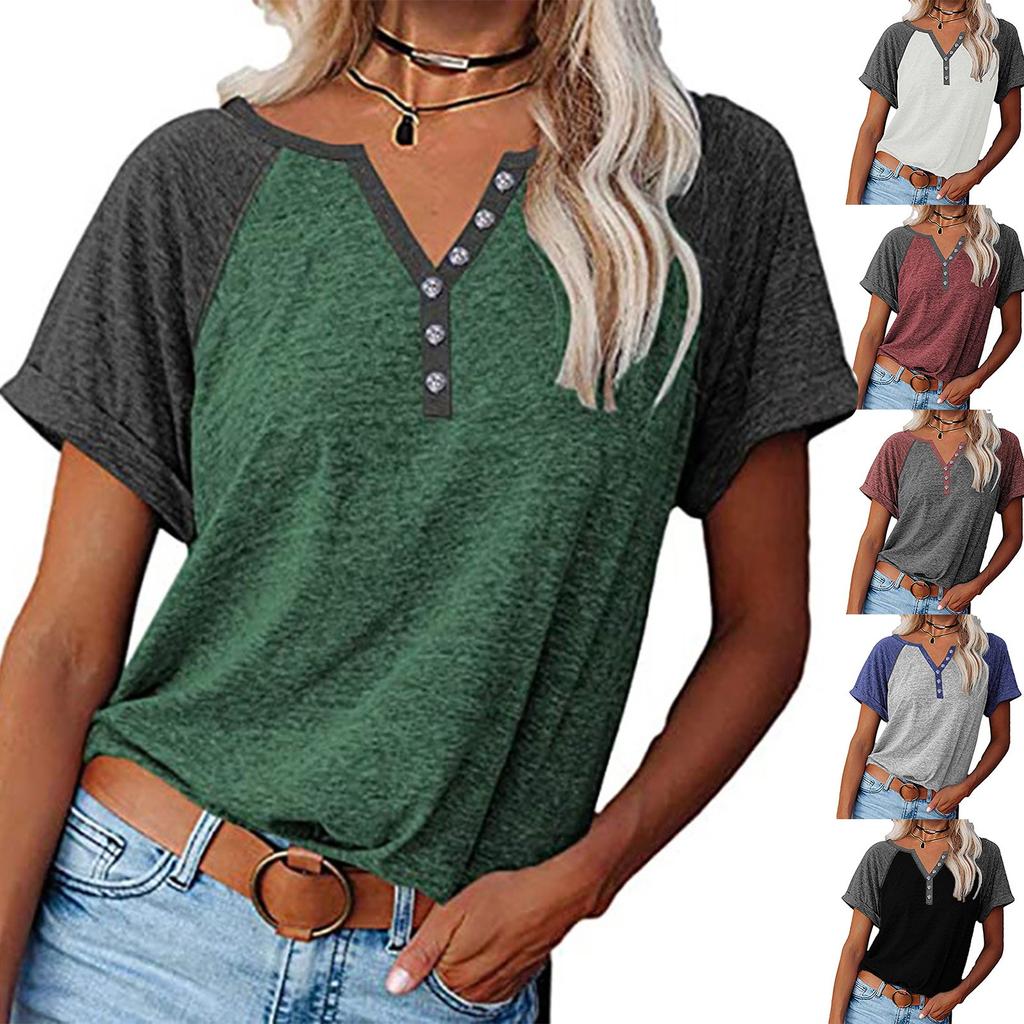 Fashion Womens Solid Color Splicing Round Neck Casual Short Sleeves Tops