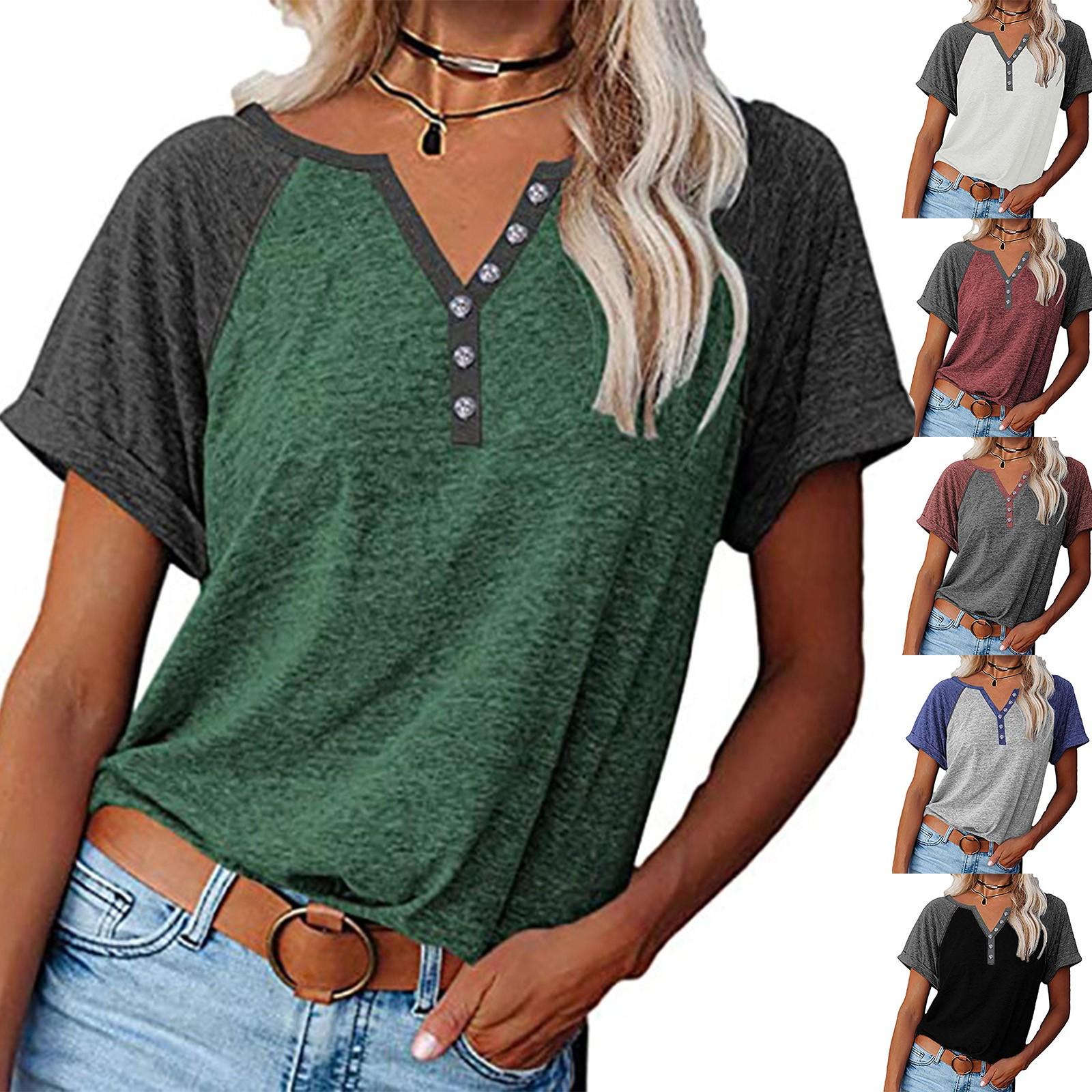 

Fashion Womens Solid Color Splicing Round Neck Casual Short Sleeves Tops XXL