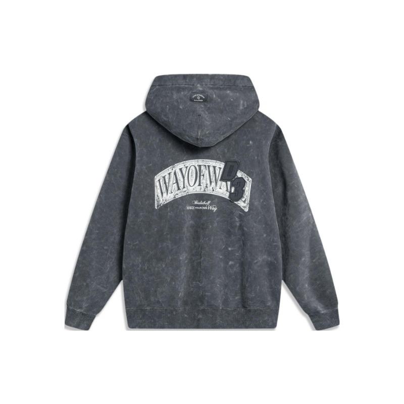Li Ning Wade Series Letter Print Hooded Fleece Loose Pullover Long Sleeve Sweatshirt Men Sweatshirt Cold-Sand-Black AWDU015-5