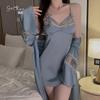 Women's Satin Sheer Mesh Fitted Backless Cami Sleep Dress with Robe Lounge Set