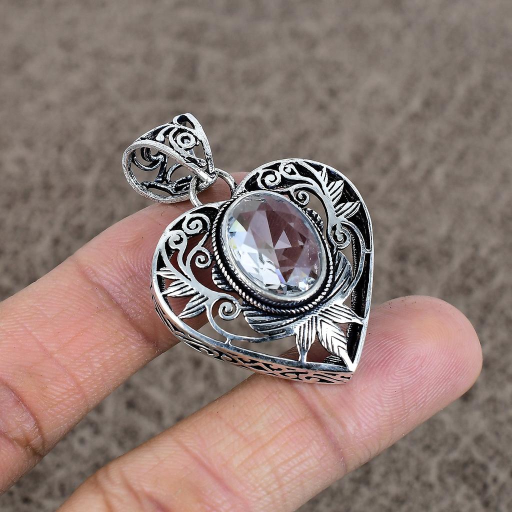 White Topaz Gemstone Handmade 925 Sterling Silver Jewelry Pendant 1.77" KKG-8