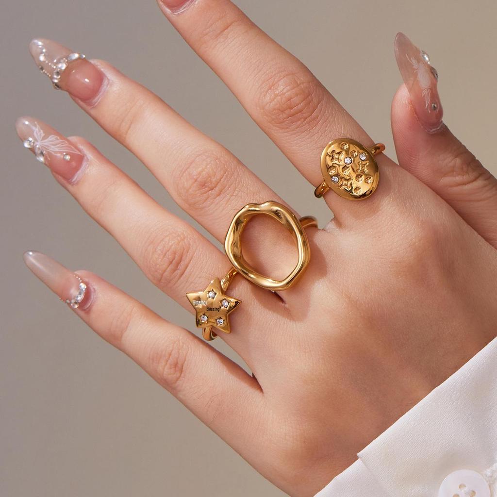 Oumaijia 18k Gold-Plated Geometric Zircon Pentagram Open Ring