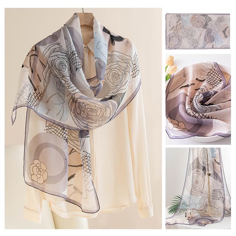 Long Silk Scarf Women Thin Lightweight Printed Shawl Elegant Daily Wear