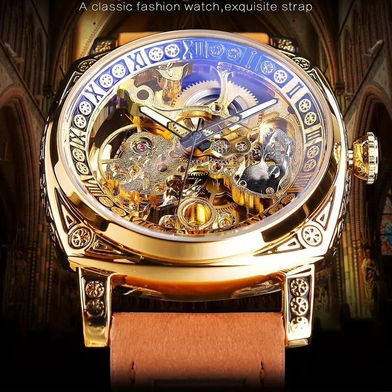 Forsining Men's Engraved Automatic Mechanical Watches, Retro Case Waterproof Hollow Luminous Pointers Casual Automatic Mechanical Wristwatch