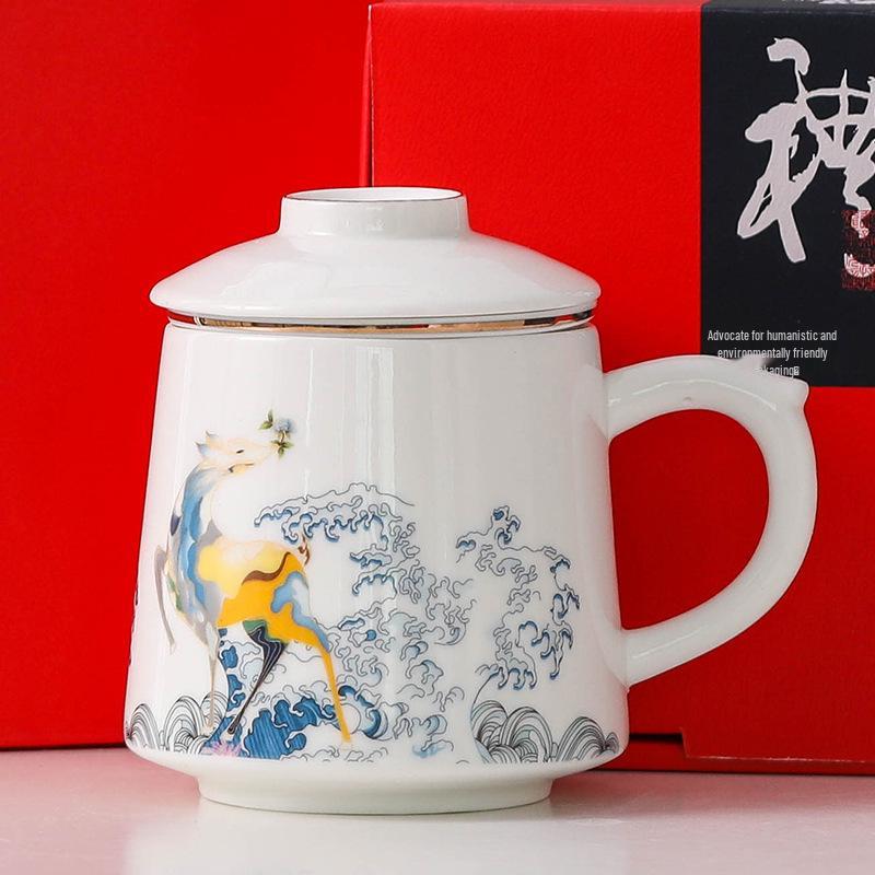 Guochao Style Ceramic Teacup with Filter - Chinese Tea & Water Separation, Customizable Logo for Office Gift