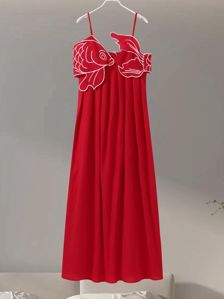 Красная вышивка в форме рыбы Женские платья свободный бретель без рукавов спинки — фото 12