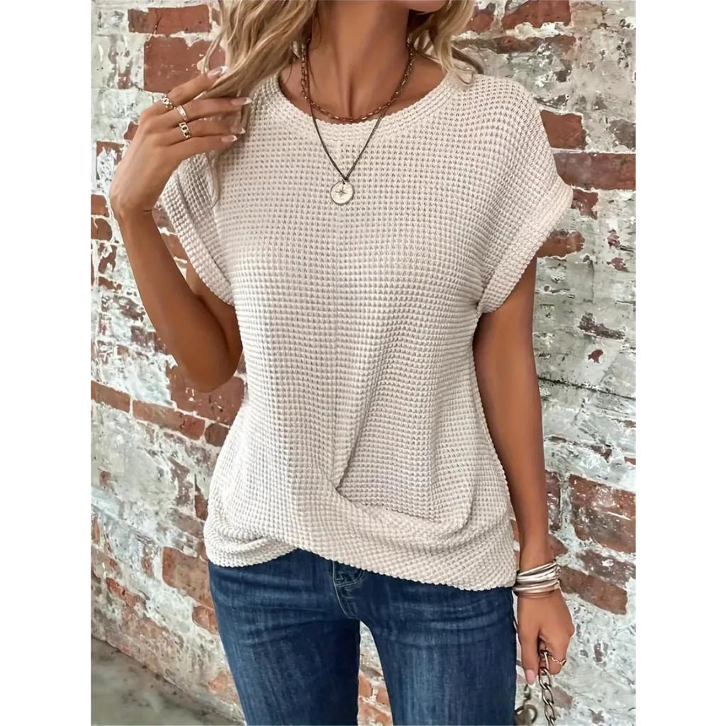 Spring and Summer New Solid Color Round Neck T-shirt Elegant Short Twist Top Women's Clothing