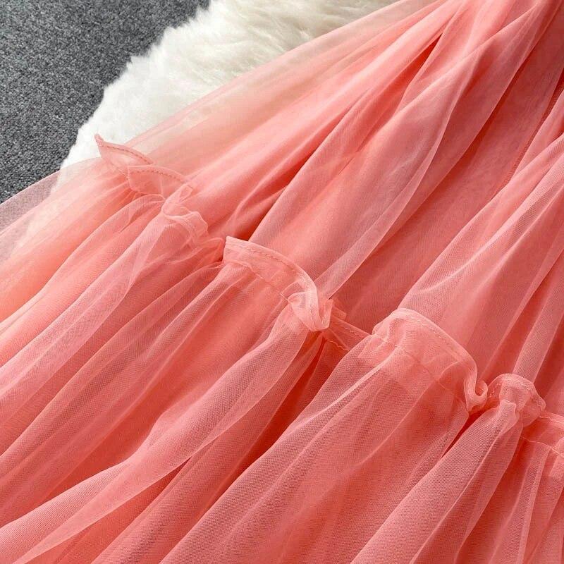 Sexy Mesh Strap One Piece Dress Women Sweet Ruffle A-Line Beach Party Dresses Female Fashion Solid Design Elegant Clothing 2024