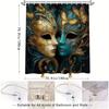 Elegant Venetian Masks Shower Curtain for a Luxurious Bathroom, Featuring Intricate Gold and Blue Designs with Butterflies.