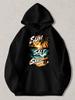 Black Pullover Hoodie with Tropical Sunset Print Featuring Palm Trees Ocean Waves And Surfboards with Sun Salt Sand Text Casual St