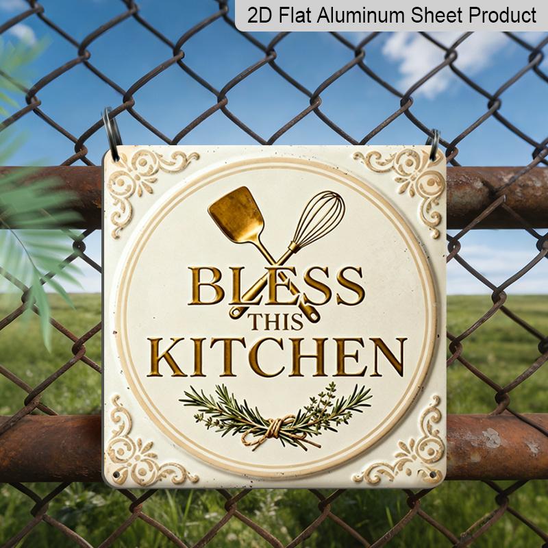 2D Flat, 1pc, Retro Metal Aluminum Plaque, Outdoor Wall Art, Bless This Kitchen Sign, Dining Room Wall Art, Home Decoration, Rustic Farmhouse Style 20*20cm
