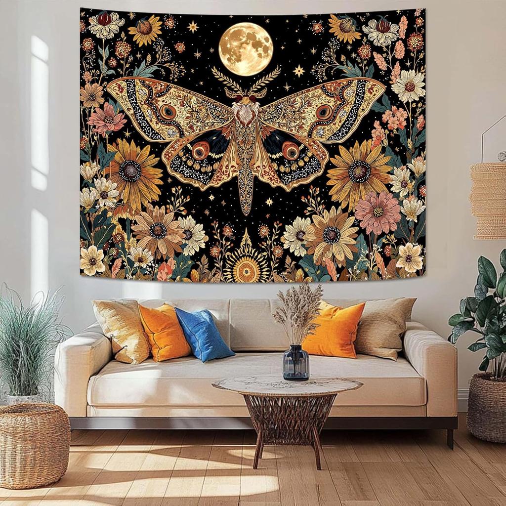 Mystic Moon Moth Tapestry, Boho Celestial Sunflower Floral Print Large Wall Hanging for Bedroom Living Room Aesthetic Decor