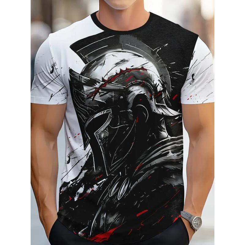 Men's Spartan Warrior Graphic T-Shirt Black White Red Splatter Ink Art Short Sleeve Crew Neck Casual Tee Streetwear