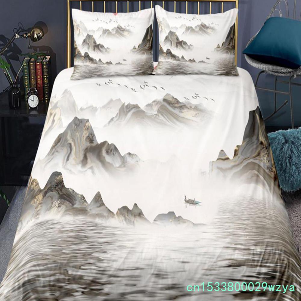 Set da letto paesaggistico in stile cinese Set copripiumino con fiori di prugno con federa Biancheria da letto Singolo Matrimoniale King Size Set piumone