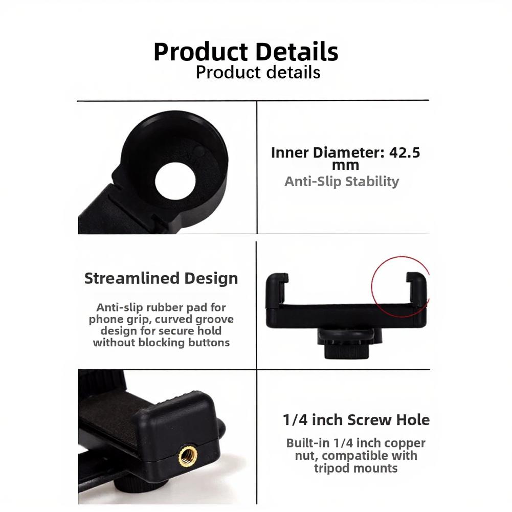 Macro Lens Adapter Clip-on Magnifier Non-slip Rubber Pad Curved Groove Clamp 1 4-inch Brass Nut Tripod Mountable