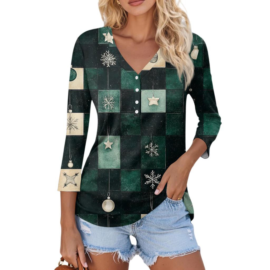 Women's Casual Fashion Sexy Comfortable Christmas Print V-Neck Button Three-quarter Sleeve Top