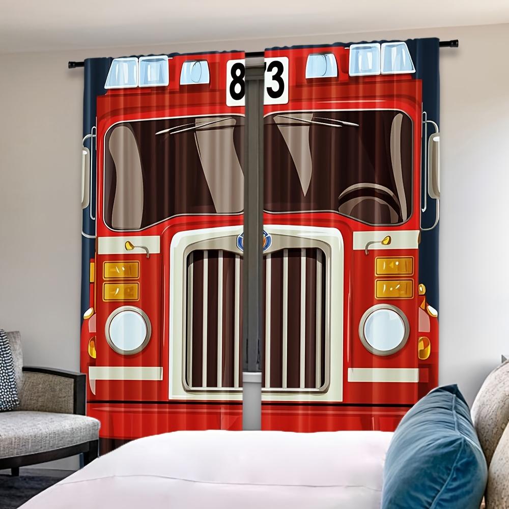 Set Of 2 Cartoon Fire Truck Curtains Print Design Black Red Fighting Vehicle Draperies Bedroom Kitchen Living Curtain Polyester Ideal For Decor