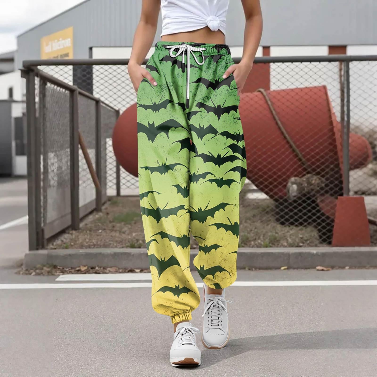 

Женские повседневные модные брюки для отдыха с принтом на Хэллоуин, спортивные штаны, брюки с эластичной резинкой на талии, брюки со шнурком L зелёный
