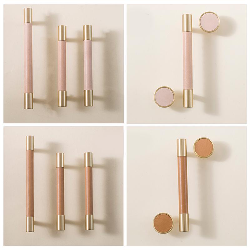 Nordic Style Simple PU Leather + Brass Door Drawer Double Hole Cabinet Handle Kitchen Cupboard Door Pulls Furniture Handle