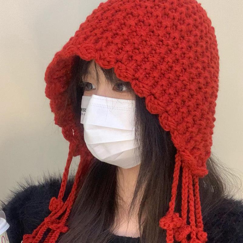 West Sichuan Tourism Tassel Ball Red Knitted Baotou Hat Women's Autumn and Winter Warm Ear Protection Face Small Wool Hat