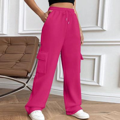 Women Cargo Pants Elastic Waist Adjustable Drawstring Straight Wide Leg Trousers Solid Color Sport Long Pants