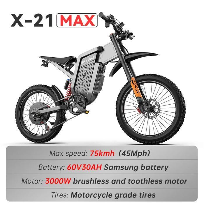 Bicicletta elettrica EKX X21 MAX 19" nera, motore 3000W, batteria 60V 30Ah, velocità 75 km/h, sospensione integrale, freni idraulici
