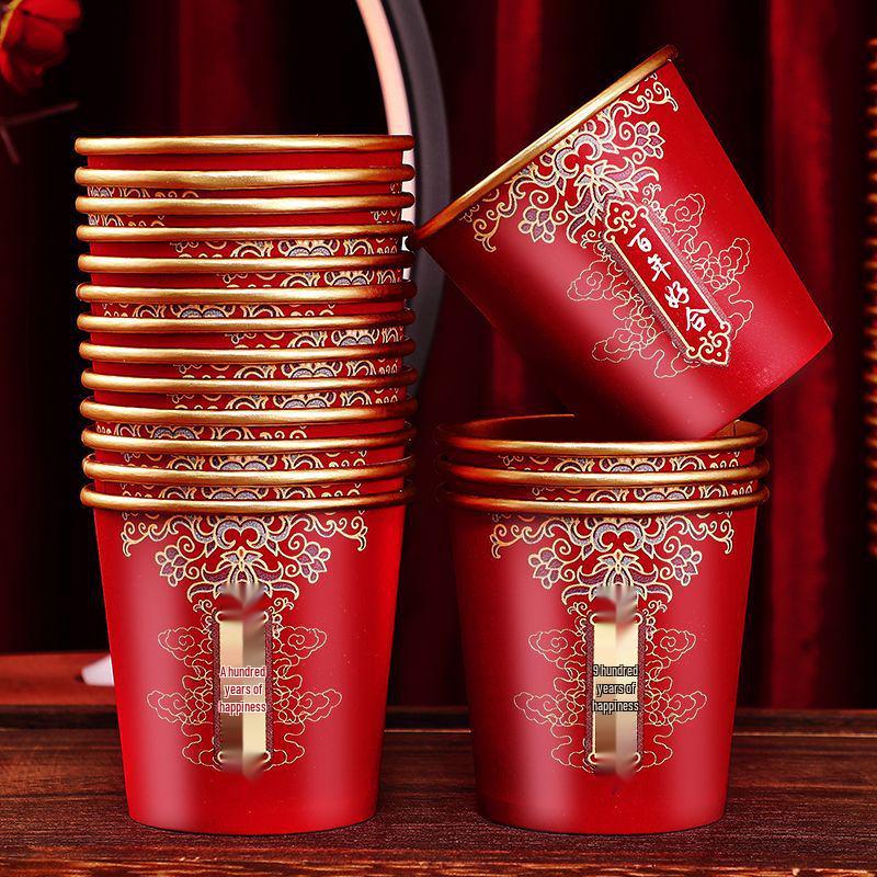 Disposable Wedding Paper Cups - Gold Foil Red Design for Anniversaries, Banquets, and Tea Ceremonies