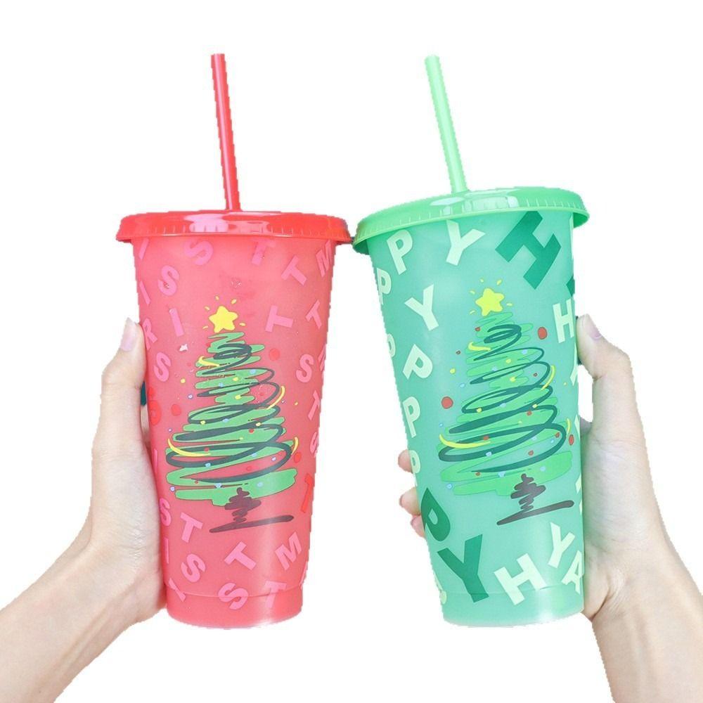 24oz Capacity Color Changing Cup With Straws With Lids Iced Coffee Cup Plastic Material Changing Colour Straw Cup Holiday Gifts