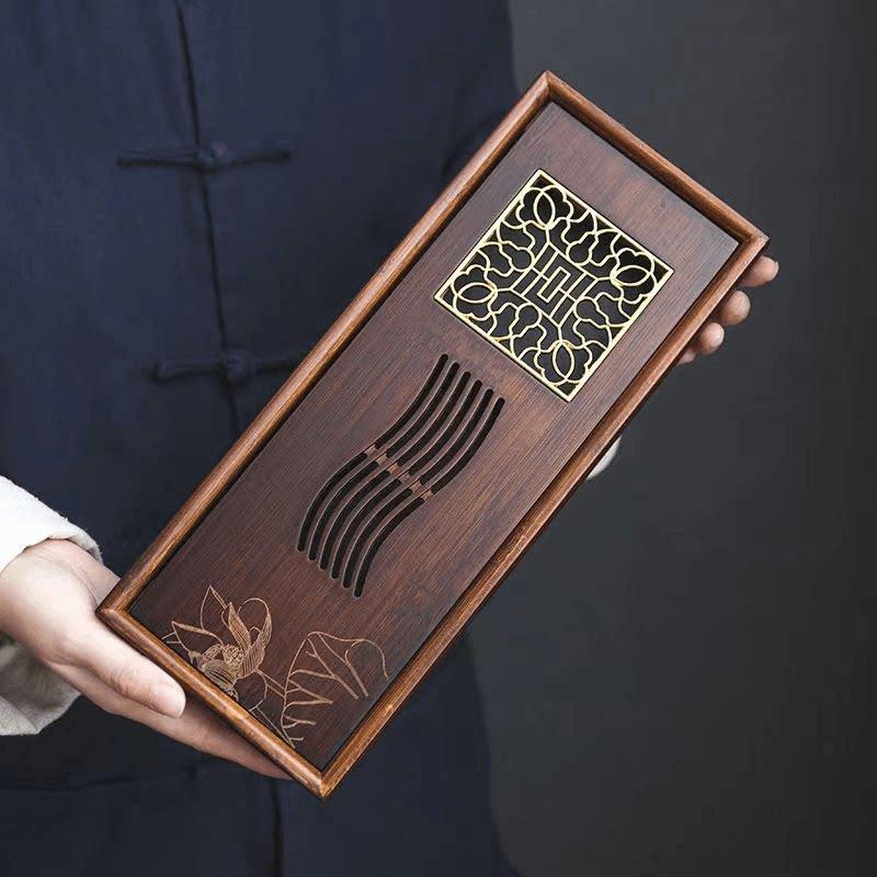 Lotus Bamboo Dry Soaking Plate Chinese Style Tea Tray with Water Storage Drain Desktop Tray Tea Ceremony Accessories Teaware 29.5x12.5x4cm