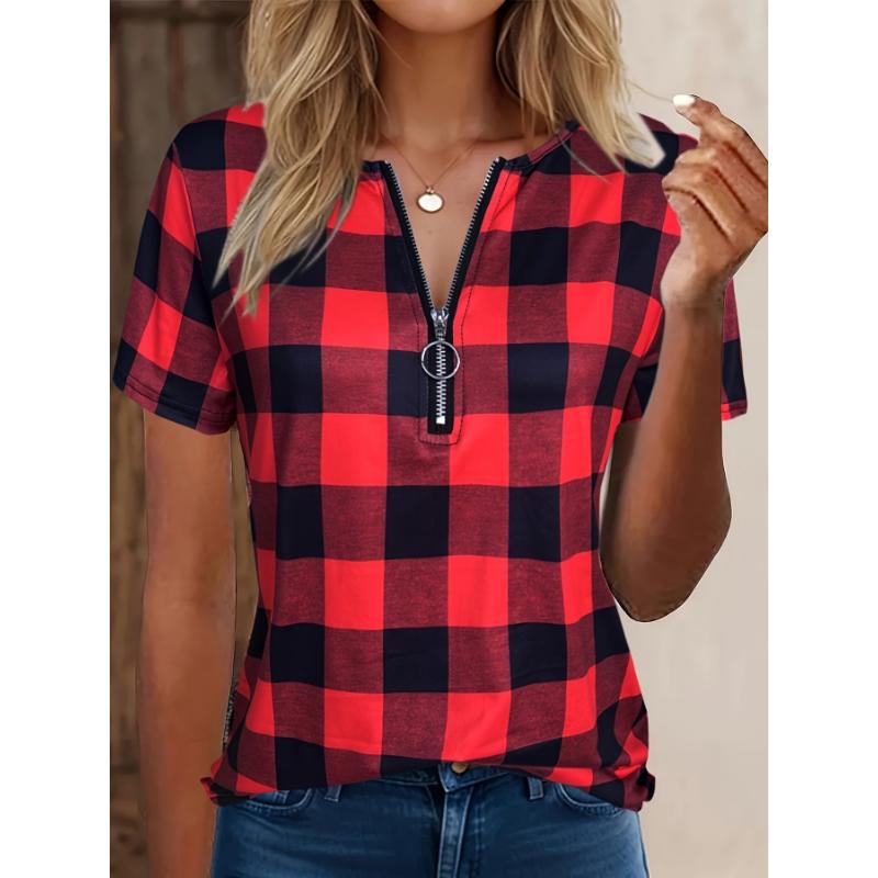 Ladies' Elegant V-neck Zipper Detail Short Sleeve T-shirt Machine Washed Spring Summer Autumn Casual Top