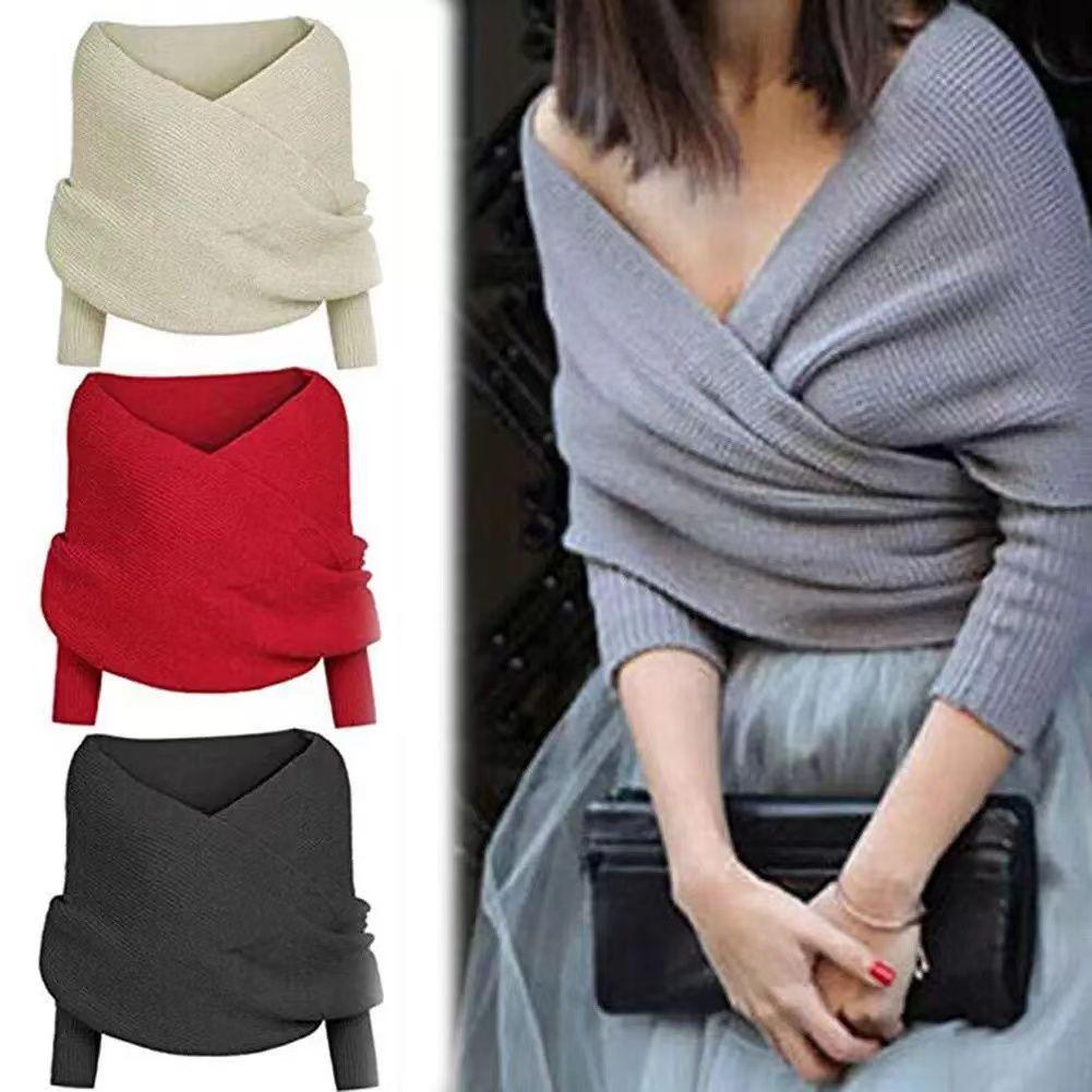 European & American Double Sleeve Off-the-Shoulder V-Neck Knit Scarf for Women