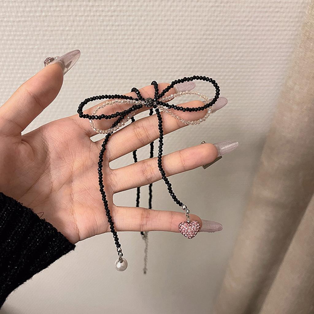 Perlenketten Schleifenförmige Schlüsselbeinkette Rosa Schwarz Kontrast Choker Herz Perle Anhänger Halskette Böhmischer Schmuck Frauen