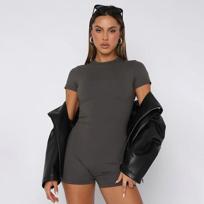 Fashion Casual Exercise Women's Clothing Fashion Style Pure Color Basic Fitness Short Sleeve One-Piece Trousers round Neck Tight One-Piece Shorts