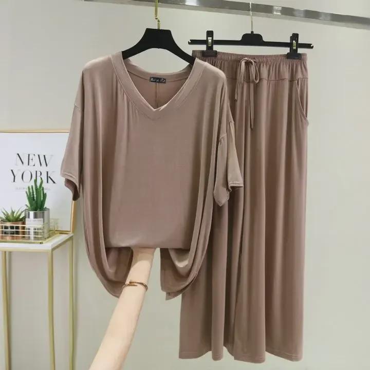 Spring/Summer Modal V-Neck Loose Casual Plus Size Pajama Set