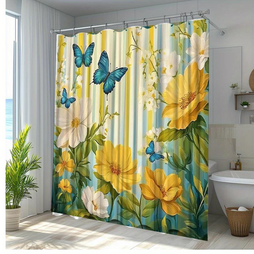 1pc Vibrant Yellow Flowers & Blue Butterflies Shower Curtain - Premium Polyester Fabric, 70.8x70.8 Inches, Machine Washable Bath