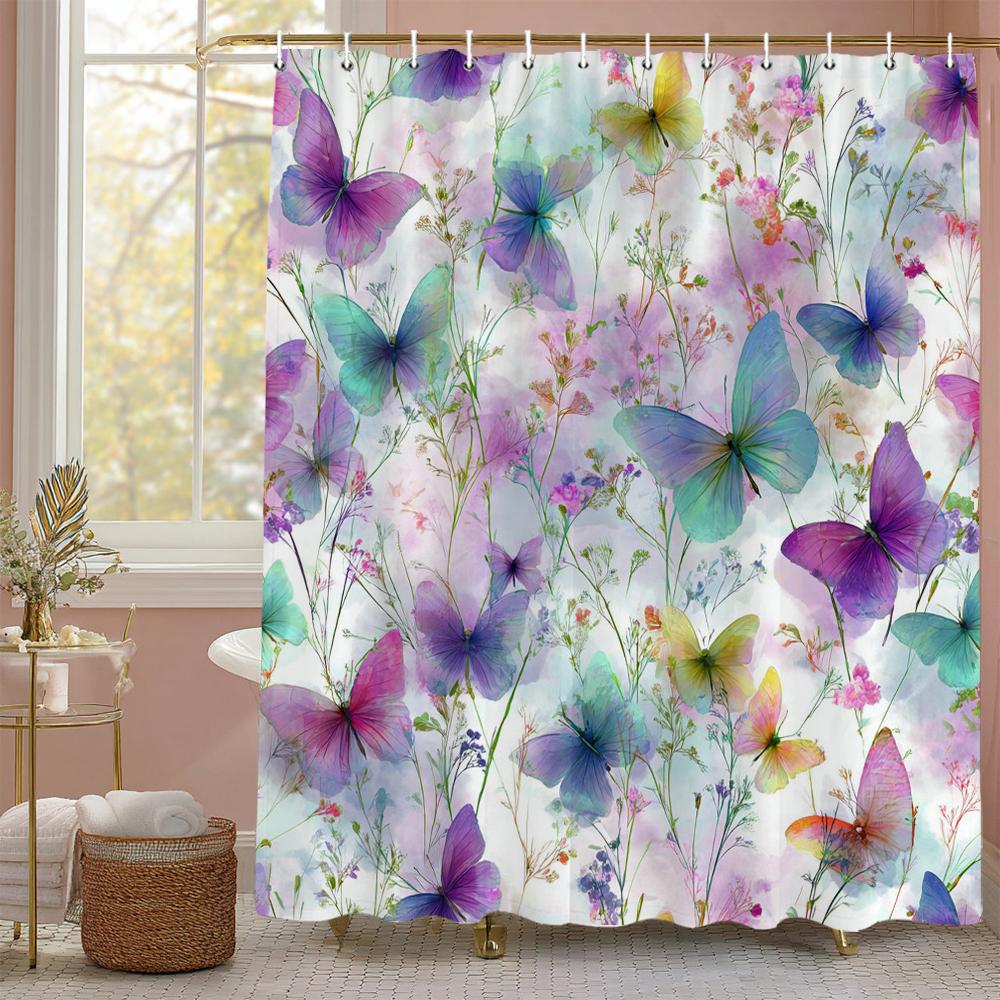 Colorful Butterflies Shower Curtain For Bathroom Floral Romantic Plant And Flowers Decorative Shower Curtains With Hooks
