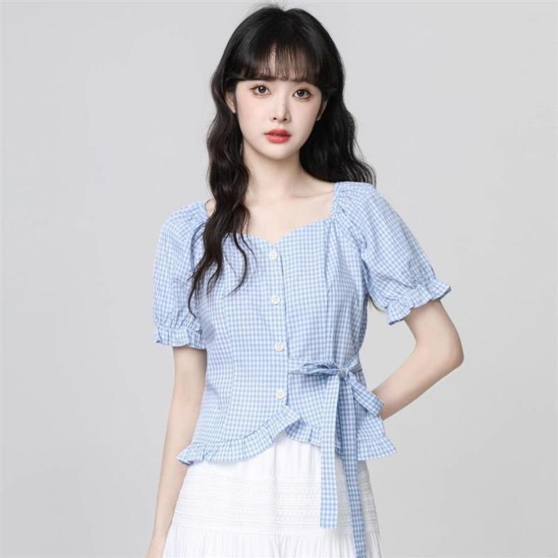 Women Square Neck Puff Sleeve Plaid Tie Waist Ruffled Hem Blouse S синий