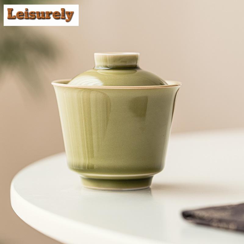 100ml Αισθητικό Κεραμικό Φούρνος Yaozhou Celadon Gaiwan Ρετρό Χρώμα Πράσινο Τσαγιού Ercai Τσαγιέρα με Κάλυμμα Μπολ Ποτό Διακοσμητικά Δώρα