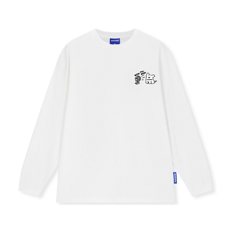 Wassup Trendy Brand Puppy Long-Sleeve T-Shirt for Men and Women, Autumn Loose Casual American-Style Heavyweight Pure Cotton Crew Neck Top