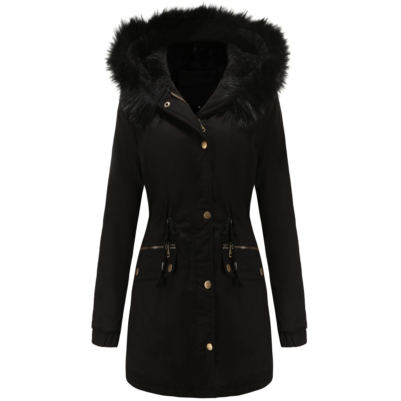 

Женская зимняя парка-пальто с утолщенной флисовой подкладкой и подкладкой, теплая с капюшоном, длинная куртка-пуховик в стиле милитари, пальто из искусственного меха, повседневное модное уличное пальто, новинка S чёрный