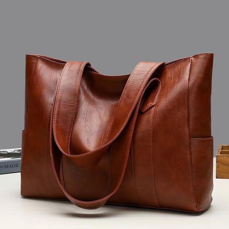 Vintage Brown Leather Tote Bag, Large Capacity Shoulder Handbag with Soft Texture, Durable for Women Work Daily Commute