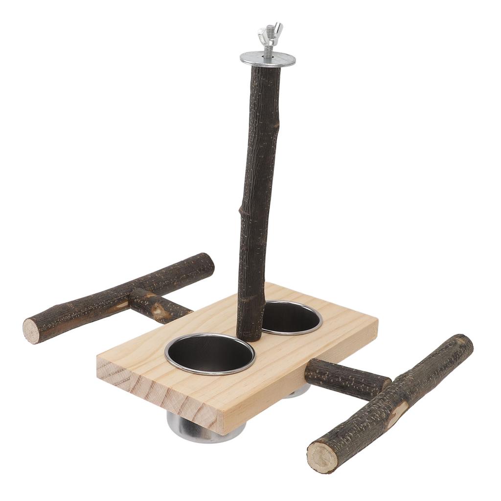 Wooden Perch Stand Hanging Bowls Bird Food Stainless Steel Cups Wood Perch Stand Hanging Feeder Bowl