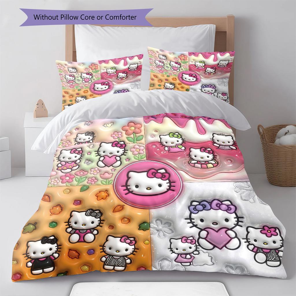 Hello Kitty Cute Pattern Bedding,Quilt Set Quilt Cover Pillowcase Home Birthday Gift(1 * Duvet Cover + 2 * Pillowcase, Without Core)