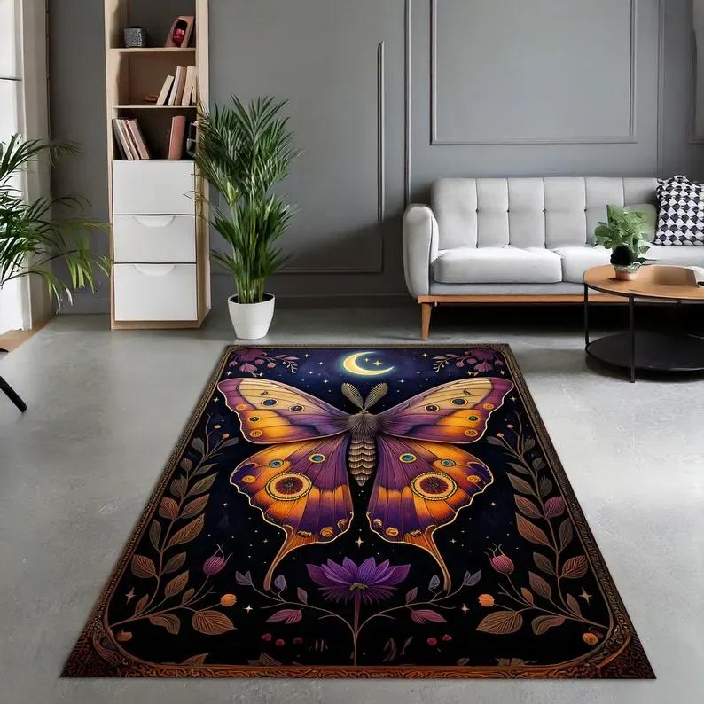 Butterfly Rug Boho Floral Design Night Garden Area Rug Artistic Home Decor Dark Blue Green Pattern Living Room Floor Mat